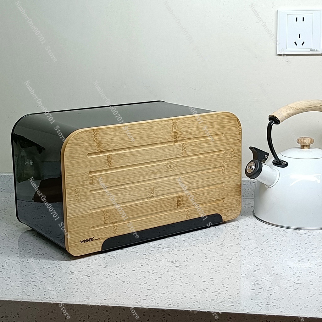 Bread Box Bamboo - Bambu Kapaklı Mutfak Ekmek Kutusu, Paslanmaz