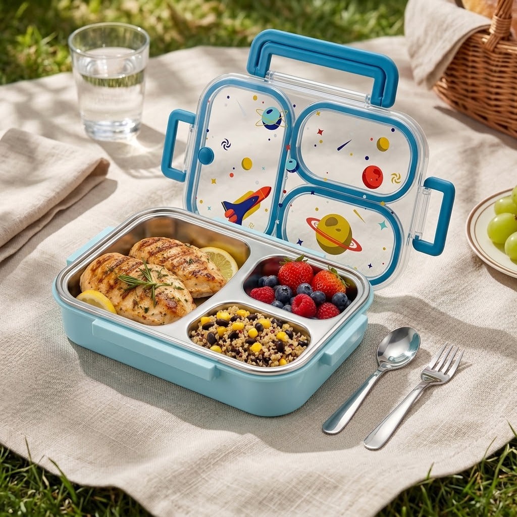 Food Storage Microwave Safe - 900ML Sevimli 304 Paslanmaz Çelik Bölmeli